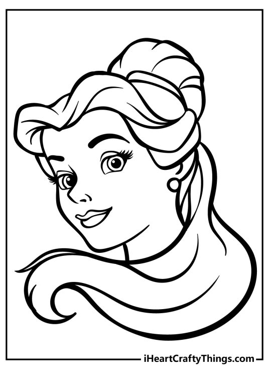 Free coloring image for children featuring portrayal with a very close look at Belle
