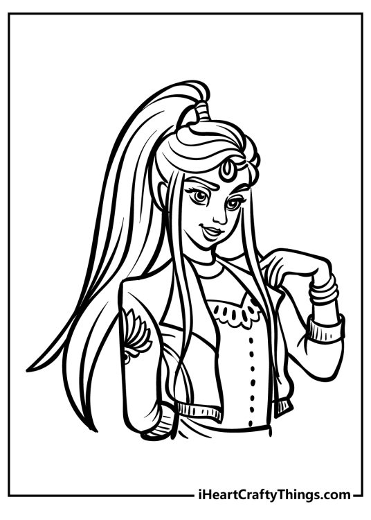 Descendants-themed page depicting Jordan with her signature hairstyle and jewelry on the forehead