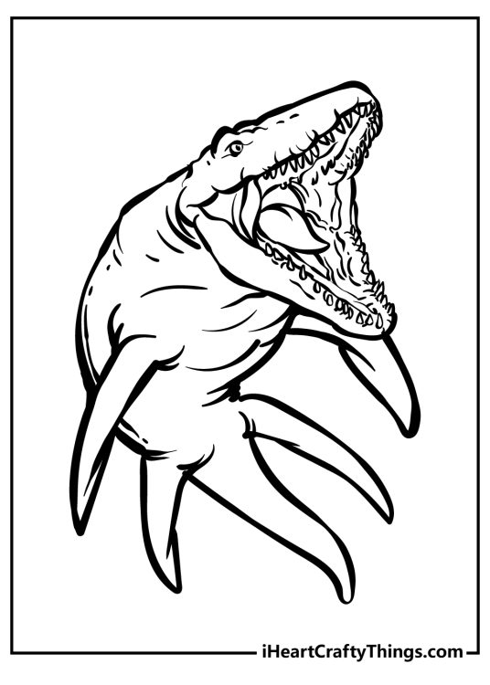 Jurassic World-themed printable pdf featuring fearsome aquatic creature mosasaur showing off its sharp teeth
