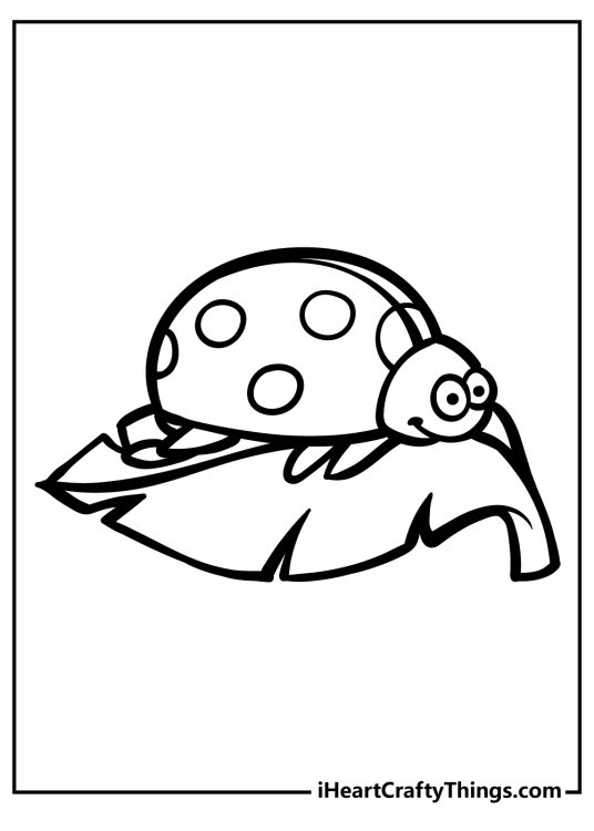 Coloring printable for children of a cute simple design ladybug featured resting on a leaf