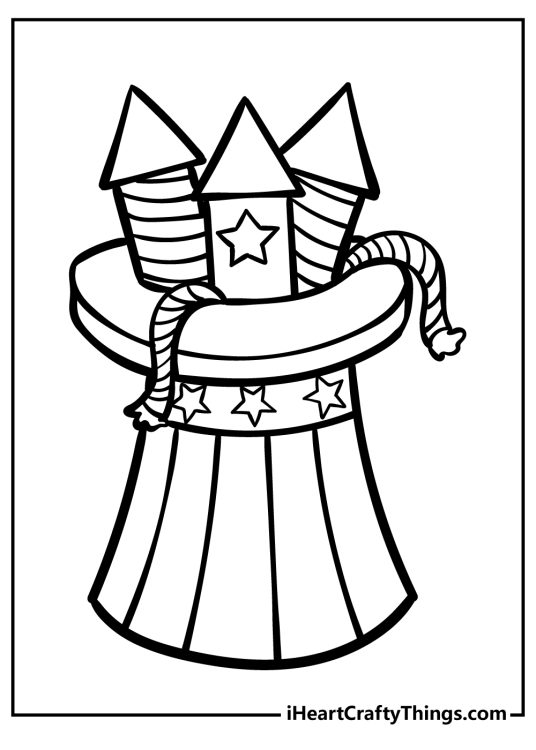 Simple coloring page for kids featuring traditional Independence Day hat filled with three fireworks