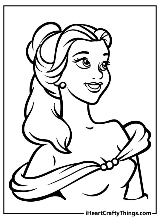 Closeup coloring image of a happy-looking Belle dressed in a gown with off-the-shoulder sleeves