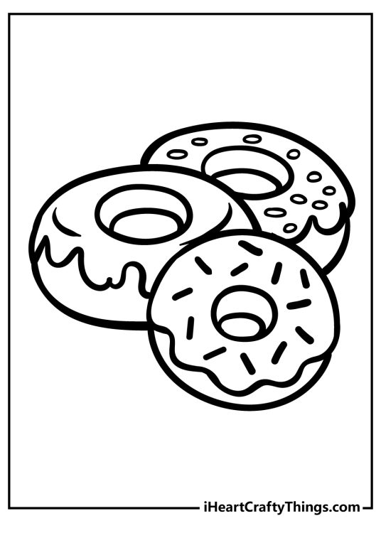 Donut coloring sheet featuring selection of three donuts with icing and various sprinkles