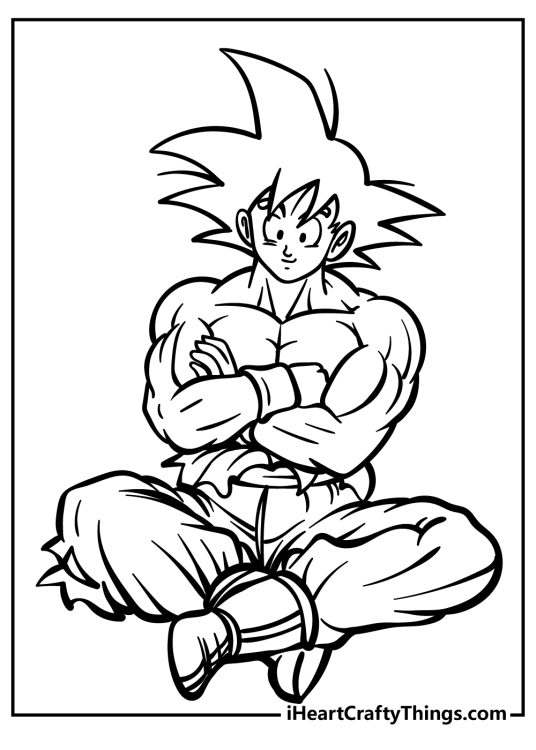 Dragon Ball Z-themed coloring page of an adult Goku sitting calmly with crossed legs and arms