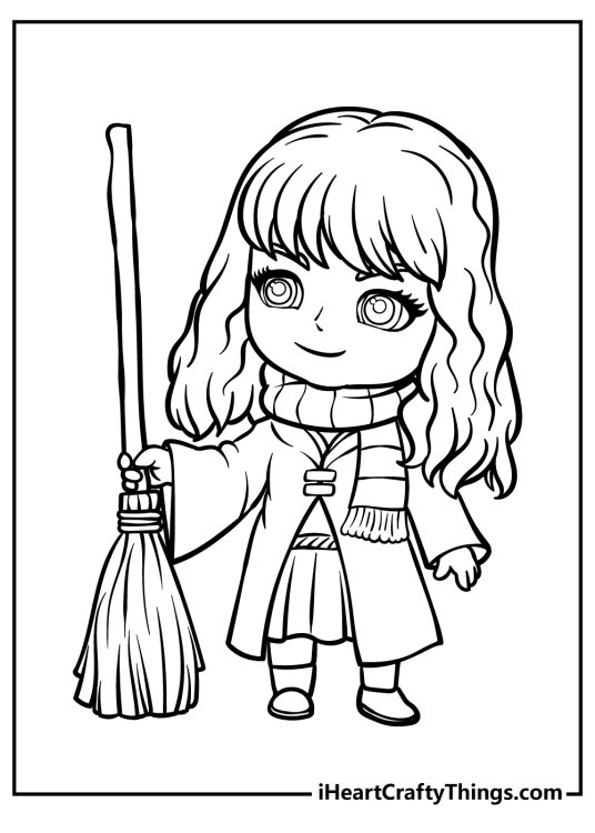 Harry Potter-themed image with cartoony Hermione dressed in her scarf while posing with a broomstick