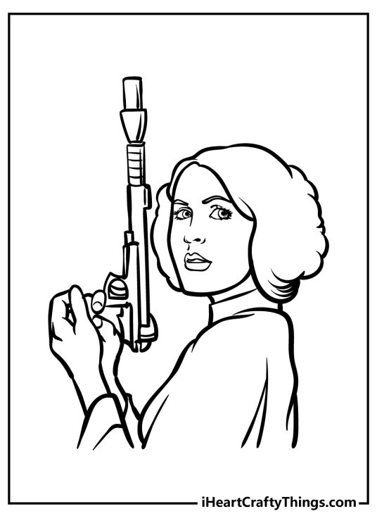 Star Wars-themed coloring sheet featuring iconic hero Princess Leia holding a gun