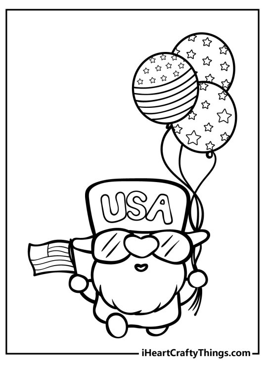 Detailed drawing of a man with sunglasses and a long beard holding a small flag and three flag-themed balloons