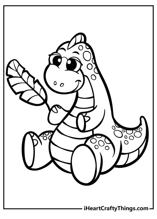 Baby Dinosaur printable coloring sheet featuring adorable little dino holding a tasty leaf