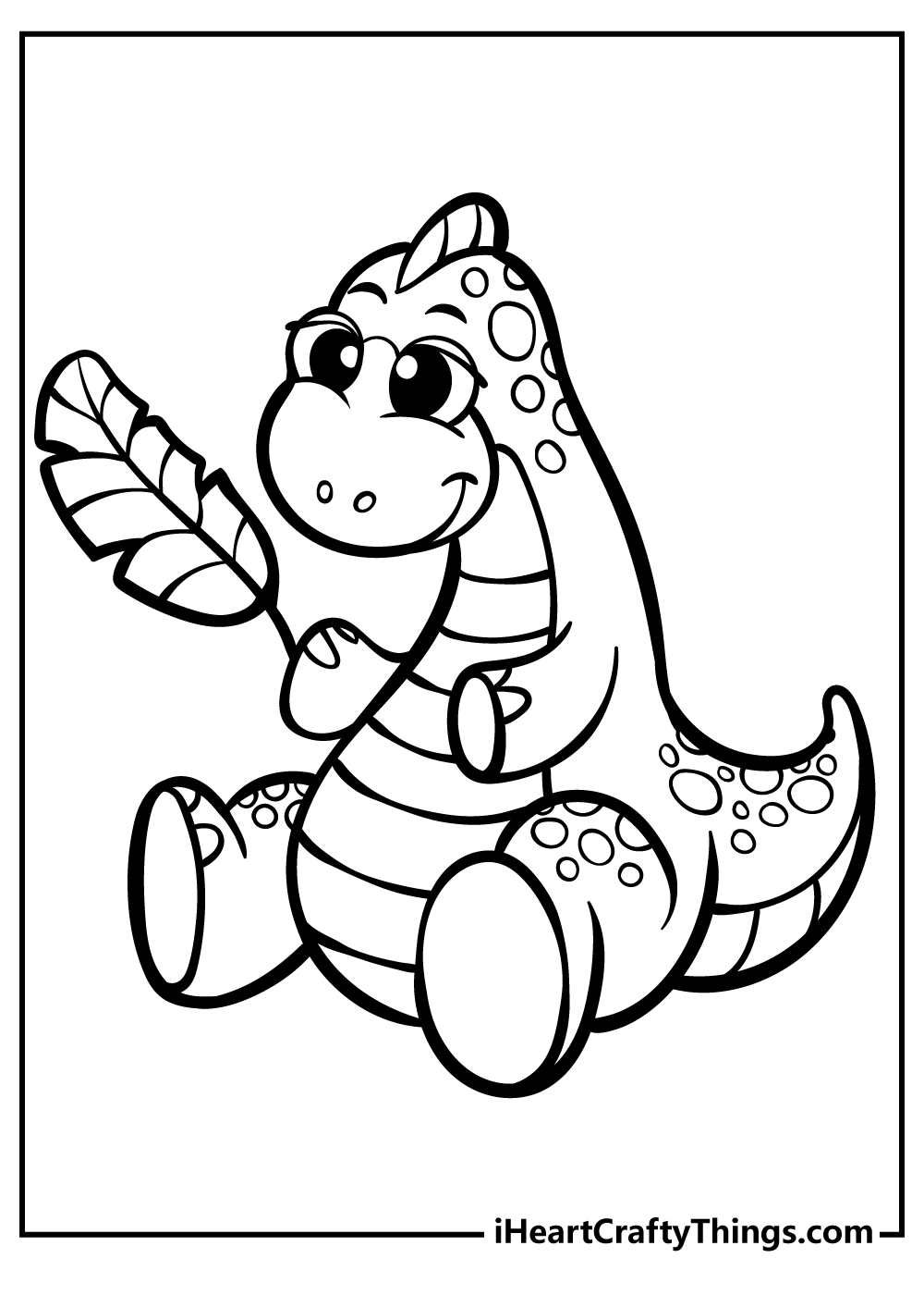 Baby Dinosaur printable coloring sheet featuring adorable little dino holding a tasty leaf