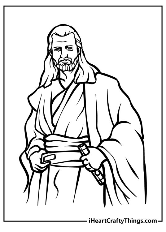 Star Wars-themed coloring page featuring character Jedi Master Qui-Gon Jin with clear background