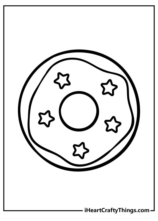 Printable picture featuroing a donut covered with some icing and decorated with five small stars