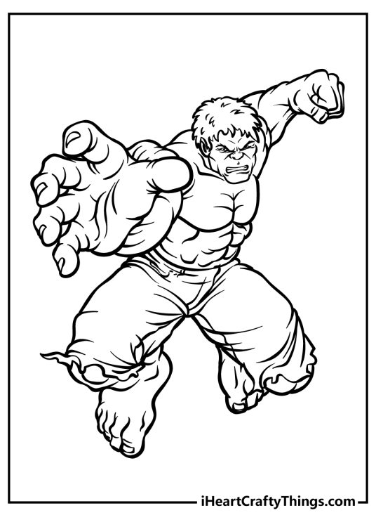 Avengers-themed printable coloring sheet depicting bold and powerful character Hulk in action