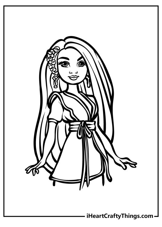 Printable coloring portrayal of a beautiful Descendants character with flowers in her long hair