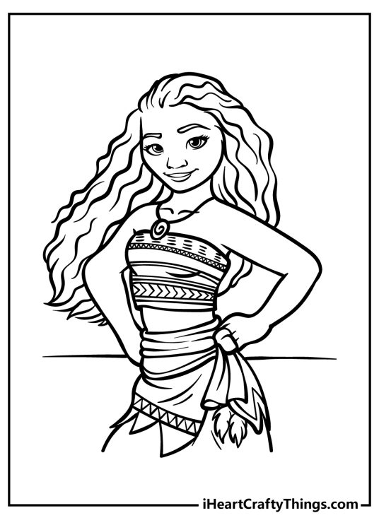 Detailed coloring picture for children featuring Moana wearing outfit with intricate patterns