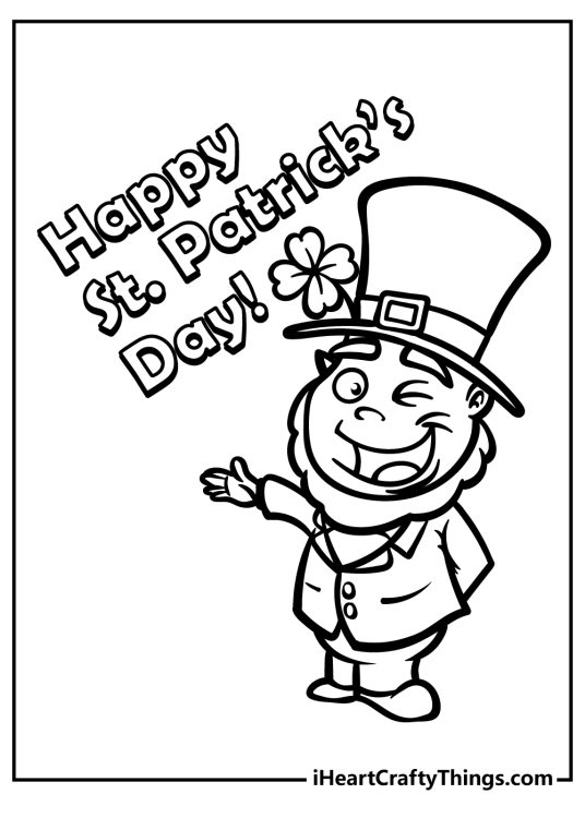 Coloring printable featuring winking leprechaun standing beneath Happy St Patricks Day text