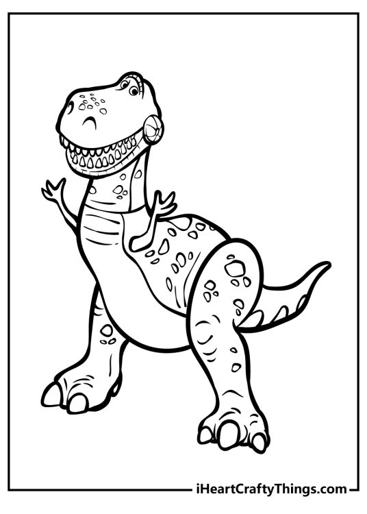 Toy Story printable image for kids presenting good-natured dinosaur Rex smiling cheerfully