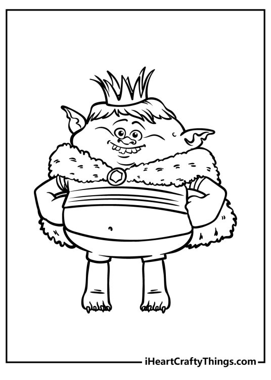 Free Troll-themed coloring sheet for children featuring character Prince Gristle