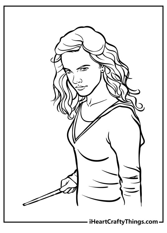 Harry Potter-themed picture presenting realistic portrait of Hermione looking serious with the wand in her hand