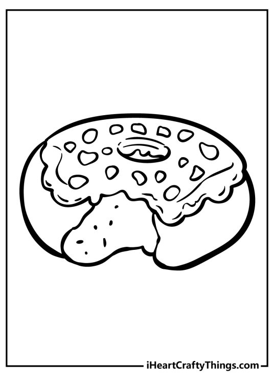 Printable coloring page featuring a classic donut with a big bite taken out of it