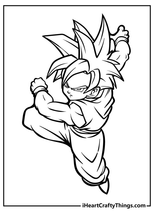 Printable coloring sheet depicting famous Dragon Ball Z character Gohan in the middle of an action scene