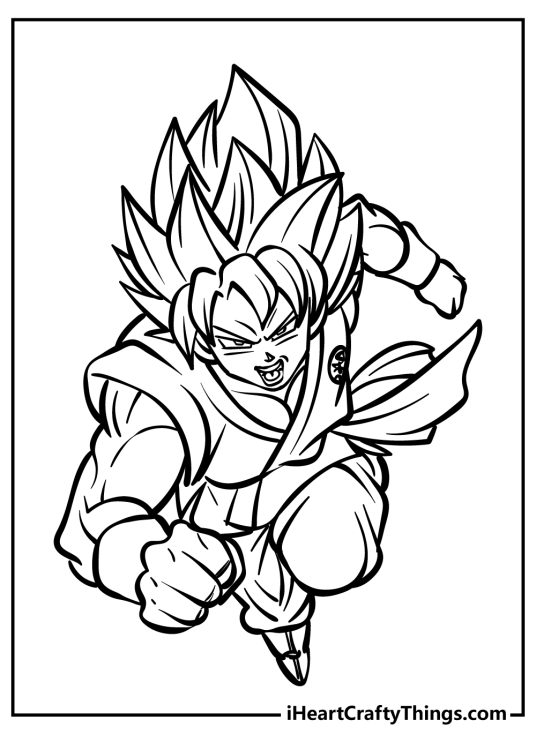Printable image with a view from the top onto Goku flying through the air while looking quite angry
