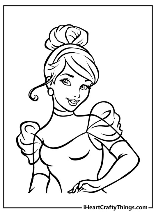 Free printavble coloring picture showing stunning close-up of Cinderella in her fancy ball gown look