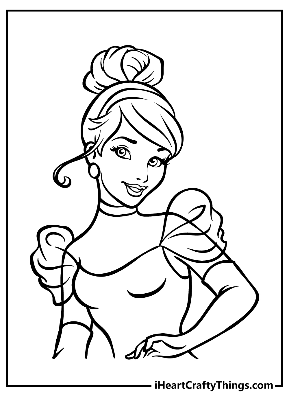 Free printavble coloring picture showing stunning close-up of Cinderella in her fancy ball gown look