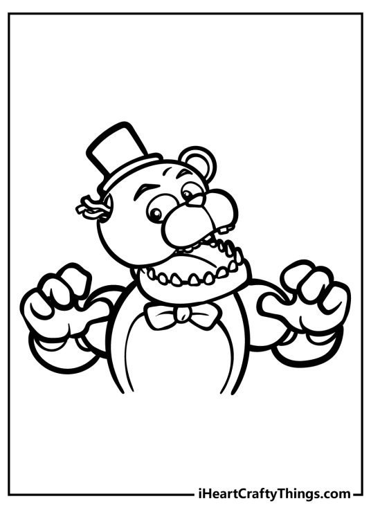 Five Nights At Freddy’s coloring sheet depicting Freddy Fazbear looking quite menacing