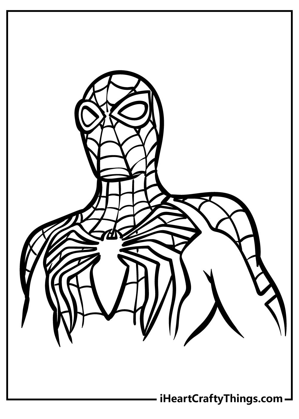 Spider-Man close-up of head and chest with spider emblem coloring page