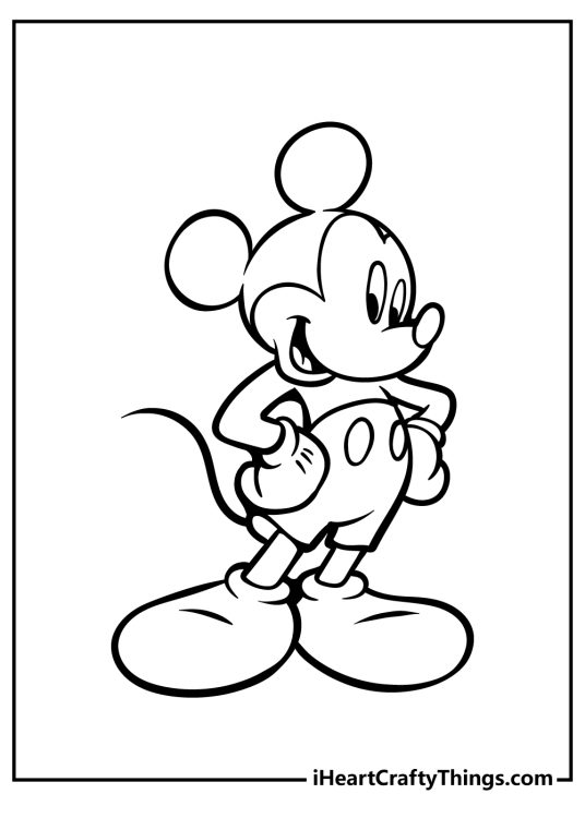Free coloring page for kids featuring happy Mickey Mouse in a funny pose holding hands on his hips