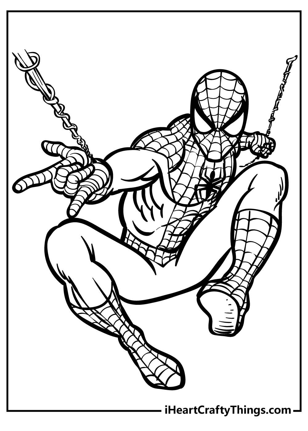 Spider-Man swinging through the city coloring page