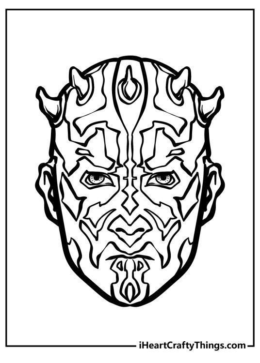 Printable coloring picture featuring a close-up on the face of a Star Wars villain Darth Maul