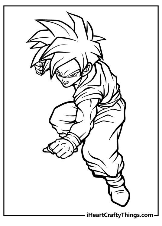 Free printable coloring page of a Dragon Ball Z character with spiky hair in a fighting pose