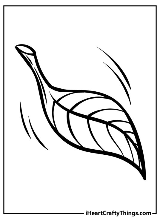 Printable coloring page presenting pointy leaf positioned upside down as it is falling