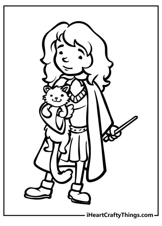 Harry Potter coloring page for kids featuring Hermione Granger joined by her cat