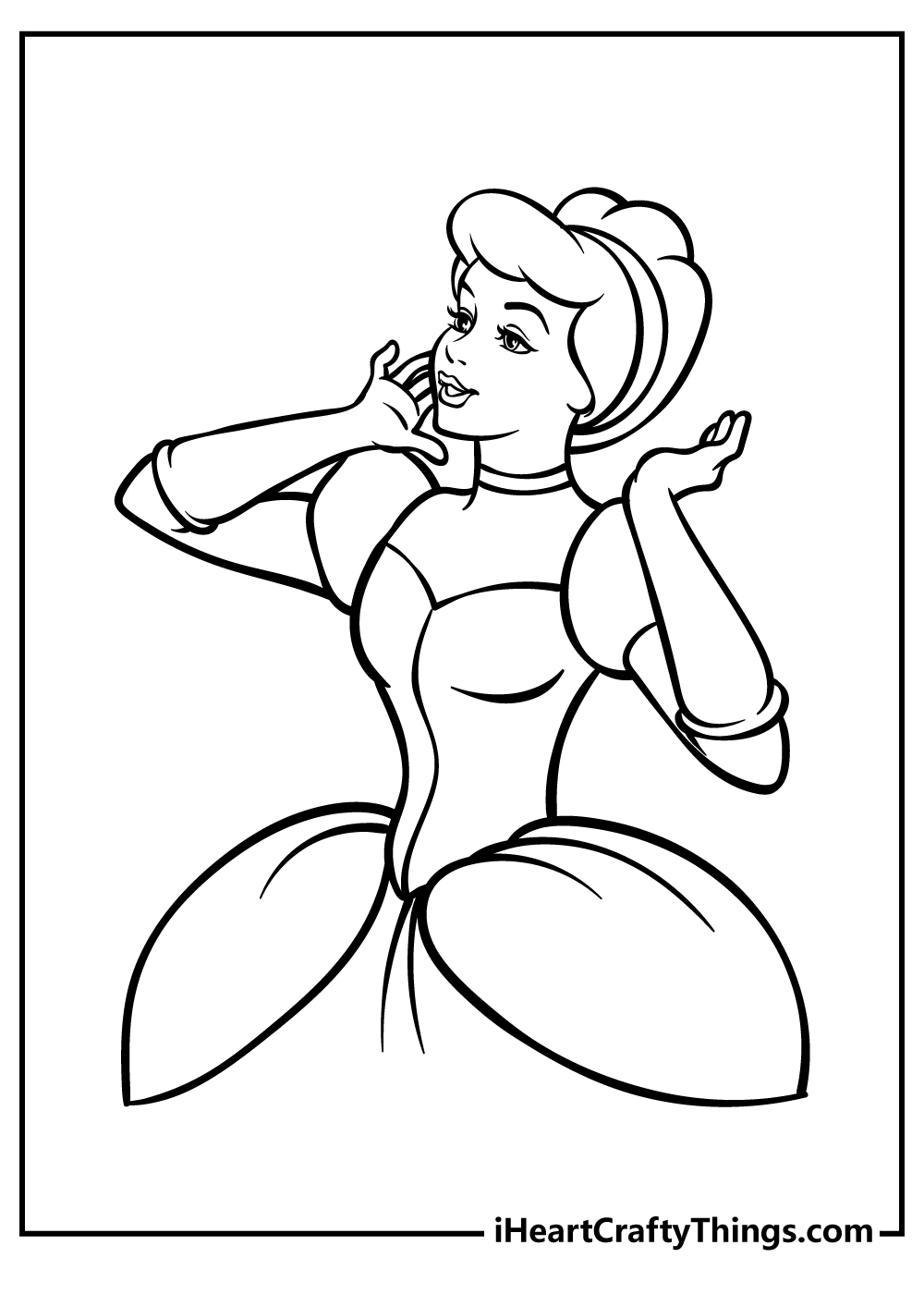 Cinderella coloring picture featuring her holding both hands near the head with happy facial expression