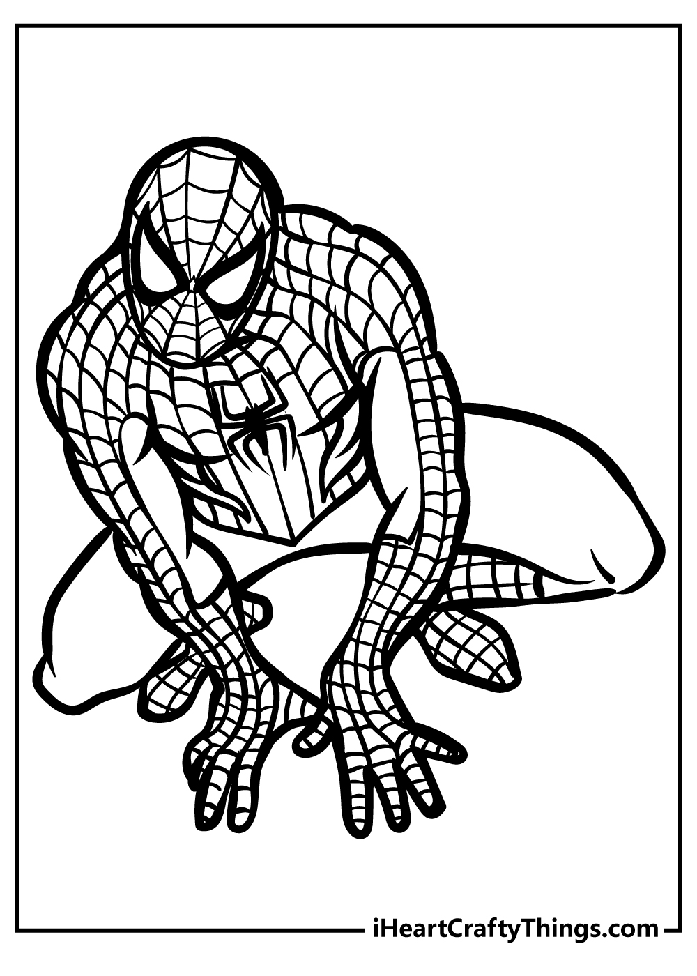 Spider-Man crouched on the ground and ready for action coloring page