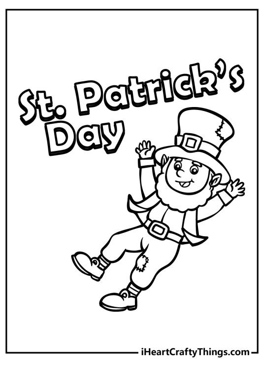 Printable coloring page presenting joyful dancing leprechaun with a St Patricks Day text above him