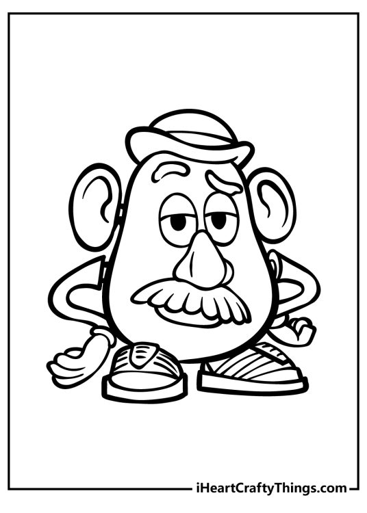 Coloring picture of a Mr Potatohead from Toy Story with clear background behind him