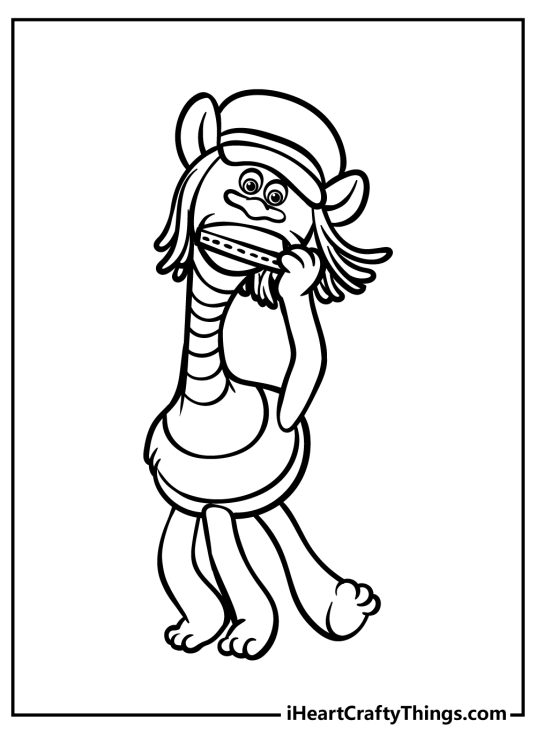 Free Troll coloring page for kids featuring character Cooper playing the harmonica