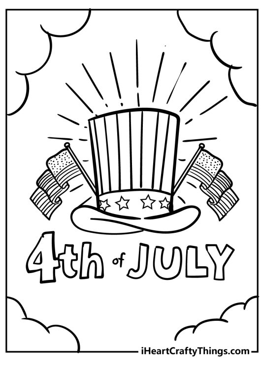 Page to color featuring Uncle Sam hat floating in the sky with flags on both sides and a