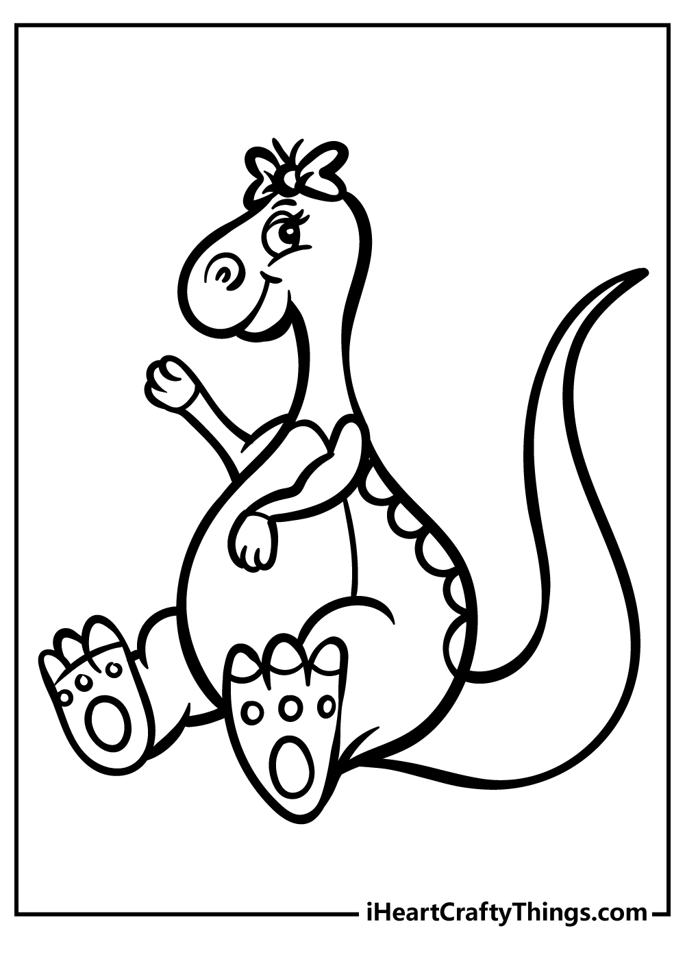 Baby Dinosaur coloring sheet presenting sitting sweet dino girl with a small bow on its head