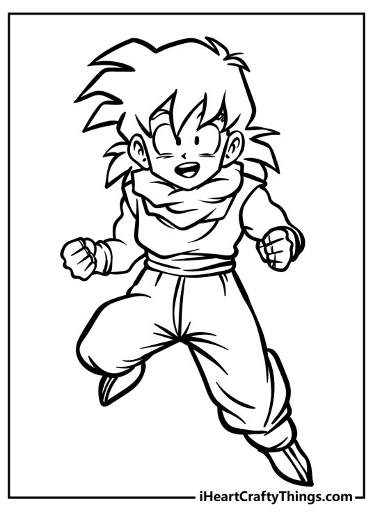 Dragon Ball Z coloring sheet for children featuring character Kid Gohan in action