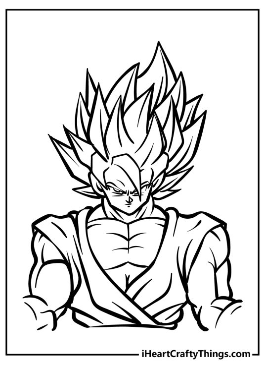 Goku-themed coloring sheet featuring him in his Super Saiyan form with extra spiky hair
