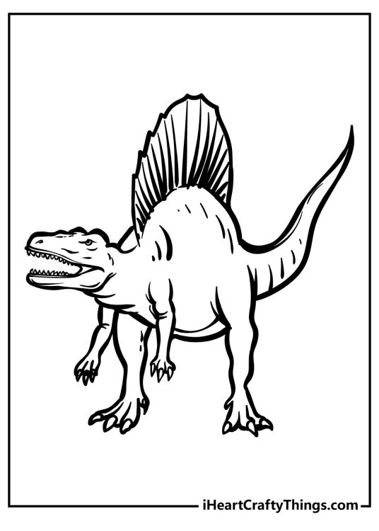Jurassic World coloring sheet featuring unique-looking spinosaurus with a large fin on its spine