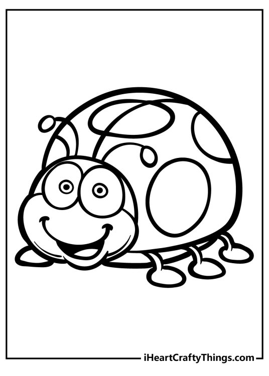 Free printable coloring sheet featuring a very excited ladybug with big round eyes