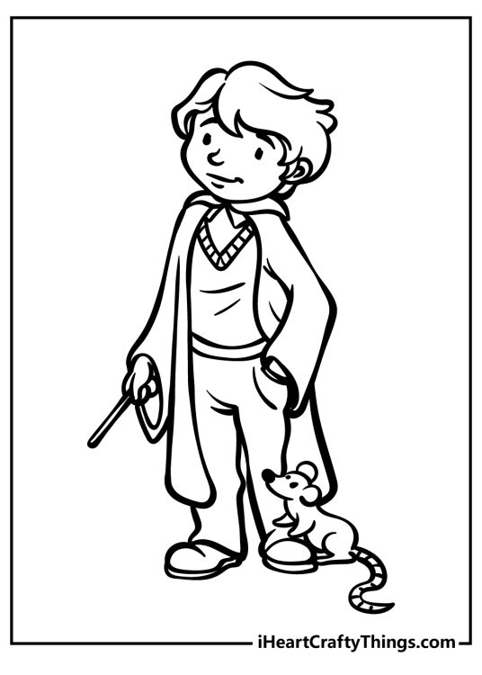 Harry Potter-themed coloring picture featuring Harrys friend Ron Weasley joined by his rat Scabbers