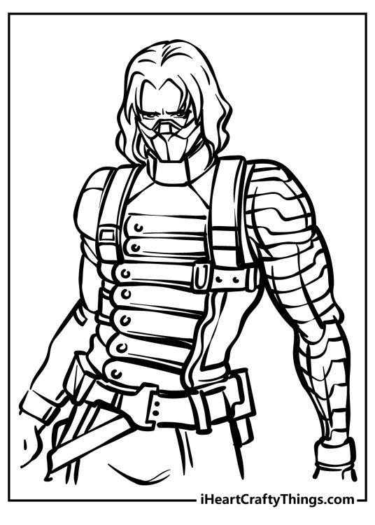 Avengers-themed coloring portrayal of a Winter Soldier with his signature robotic metal arm