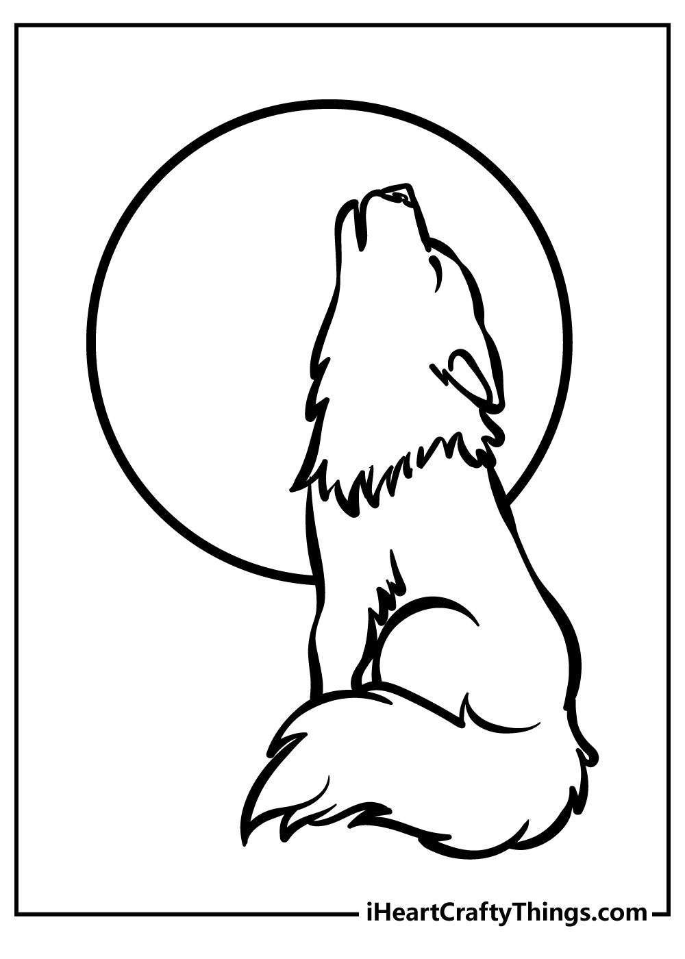 Coloring printable for kids depicting a howling wolf with a full moon behind him