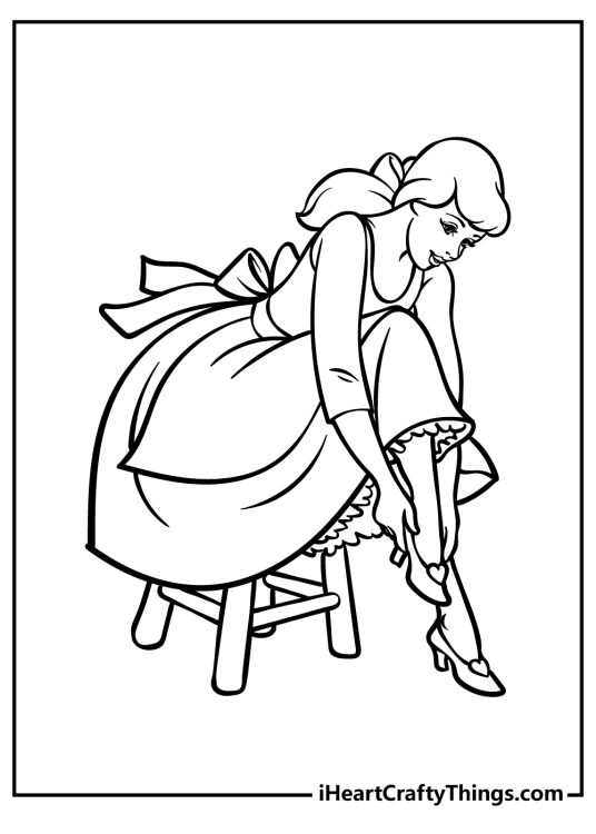 Detailed image of a Cinderella sitting on a chair in casual outfit and putting on her glass slipper